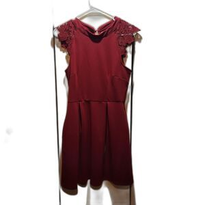Speechless Junior's Lace Contrast Fit & Flare Dress, Holiday Red Size Medium